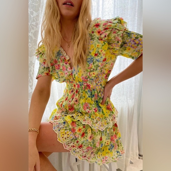 LoveShackFancy Floral Yellow and Pink Dress - S - Picture 1 of 12